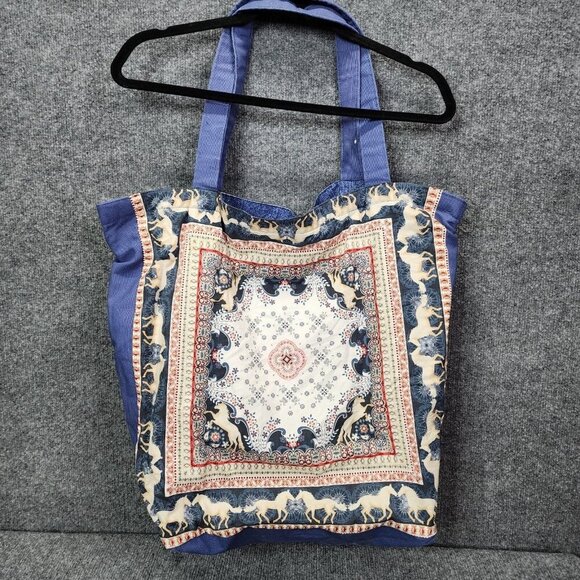 Handmade Horse Printed Fabric Tote Womens Purse Bag Western Rodeo‎ Denim Blue - Picture 1 of 16